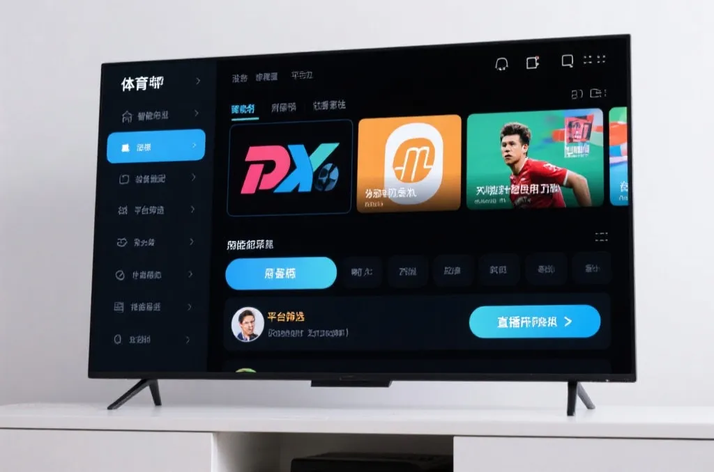 智能电视系统菜单和多平台直播入口的示意界面